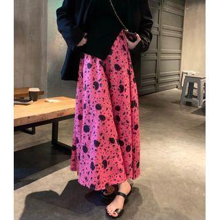 Floral Midi A-line Skirt Flora - Black & Pink - One Size