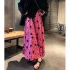 Floral Midi A-line Skirt Flora - Black & Pink - One Size