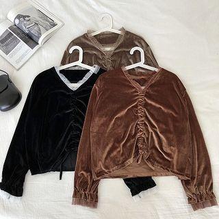 Plain Velvet Lace V-neck Panel Frilled Drawcord Long-sleeve Top