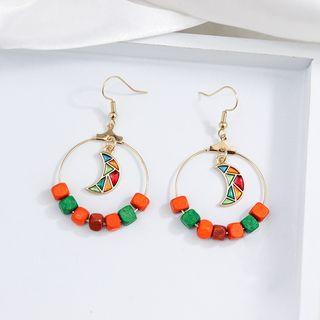 Moon Wooden Cube Alloy Hoop Earring