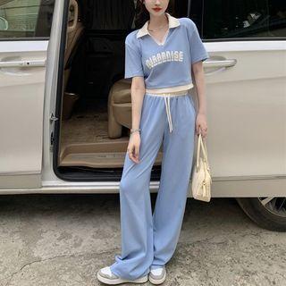 Short-sleeve Lettering Polo Shirt / Wide Leg Pants