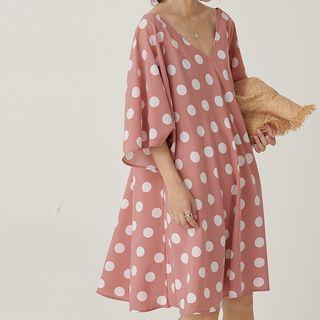 Dotted Elbow-sleeve Shift Dress