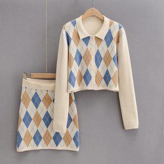 Set: Long-sleeve Argyle Knit Polo Shirt + Fitted Knit Skirt
