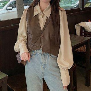 V-neck Plain Pu Vest / Puff-sleeve Plain Shirt