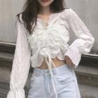 Drawstring Long-sleeve Crop Top White - One Size