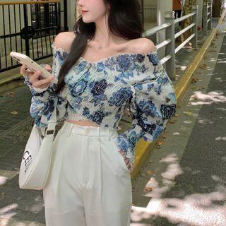 Off-shoulder Bell Sleeve Floral Print Smocked Crop Top Blue - One Size