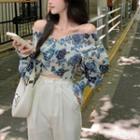 Off-shoulder Bell Sleeve Floral Print Smocked Crop Top Blue - One Size