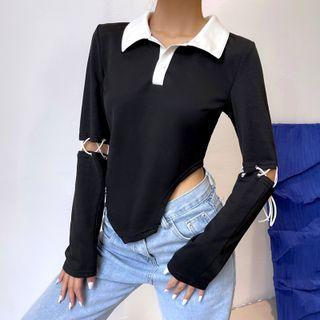 Contrast Collar Cutout Cropped Polo Shirt