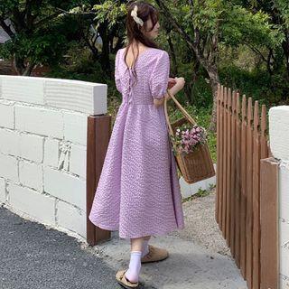 Short-sleeve Open-back Lace-up Plain Dress