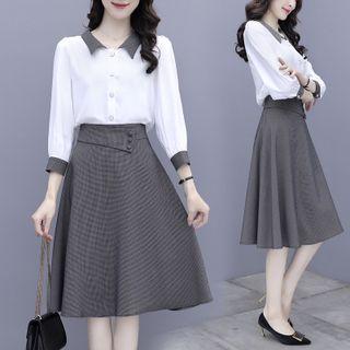 Set: Plaid Hem Shirt + A-line Skirt