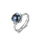 925 Sterling Silver Fashion Elegant Flower Black Freshwater Pearl Adjustable Open Ring Silver - One Size
