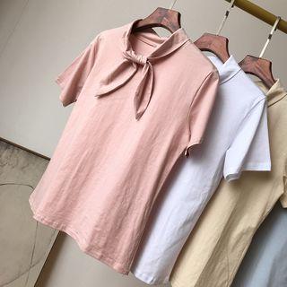 Plain Tie-neck Short-sleeve T-shirt