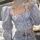 Long-sleeve Floral Print Tie-front Crop Top Floral Print - Blue - One Size