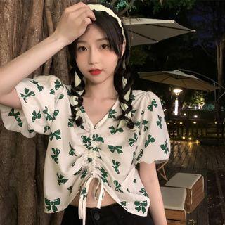 Puff-sleeve Bow Print Drawstring Blouse