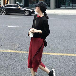 Set: Long-sleeve Drawstring Hem T-shirt + Spaghetti Strap Midi Shift Dress