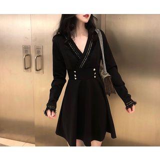 Long-sleeve Contrast Trim A-line Mini Dress