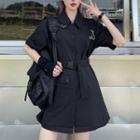 Short-sleeve Mini A-line Shirtdress Black - One Size