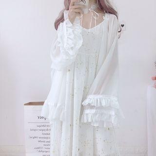 Star Print V-neck Spaghetti Strap Dress / Ruffle Trim Open-front Jacket