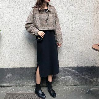 Cropped Plaid Jacket / Spaghetti-strap Dress / Set Of 2