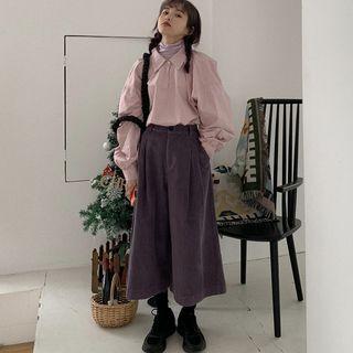 Balloon-sleeve Shirt / Mock-turtleneck Long-sleeve Top / Corduroy Wide Leg Pants