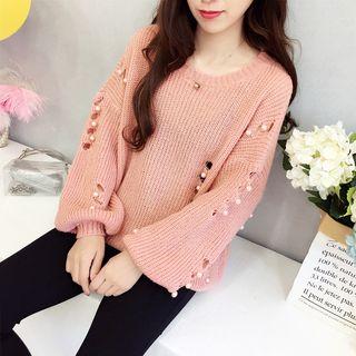 Puff-sleeve Embellished Sweater