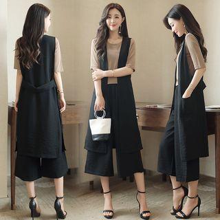 Set: Long Vest + Short-sleeve T-shirt + Wide Leg Cropped Pants