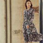 Tie-neck Elastic-waist Floral-pattern Dress