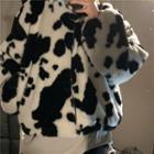 Cow Print Fleece Lined Hooded Zip Jacket Jacket - Cow Pattern - One Size