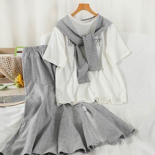 Set: Lettering T-shirt + Ruffle Hem Midi A-line Skirt Gray - One Size