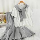 Set: Lettering T-shirt + Ruffle Hem Midi A-line Skirt Gray - One Size