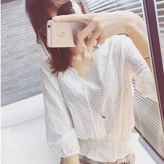 Scallop Trim Perforated 3/4 Sleeve Top