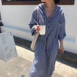 Drawstring Waist Checked Shirt Dress