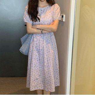 Short-sleeve Floral Elastic Waist Dress / V-neck Plain Button Vest