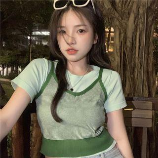 Short-sleeve Plain T-shirt / Striped Camisole