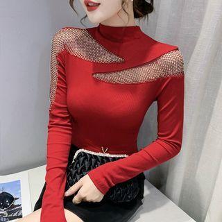 Long-sleeve Cutout Rhinestone Top