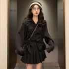 Drawstring Shirt / Pleated Mini A-line Skirt