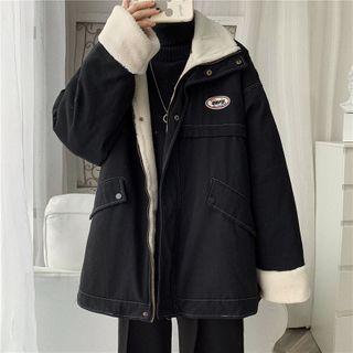 Lettering Print Fleece-lined Zip Jacket