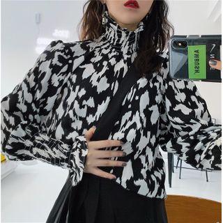 Printed Balloon-sleeve Chiffon Blouse As Shown In Figure - One Size