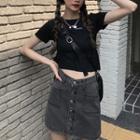 Short-sleeve Cropped Lettering T-shirt / Washed Denim Mini Pencil Skirt