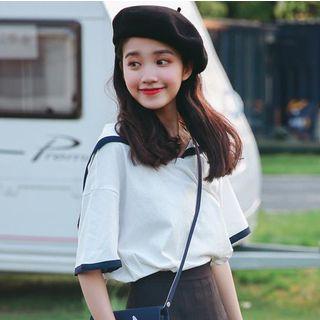 Lettering Embroidered Short-sleeve Sailor Collar T-shirt