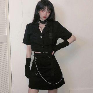 Short-sleeve Cropped Blouse / Mini A-line Skirt With Chain