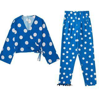 Long-sleeve Dotted Wrap Top / Dress Pants