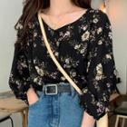 V-neck Floral 3/4-sleeve Blouse As Shown In Figure - One Size