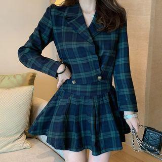 Set: Plaid Double Breasted Cropped Blazer + A-line Mini Skirt