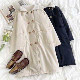 Long-sleeve Plain Double-breasted Fleece Trim Jacket
