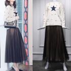 Long-sleeve Star Printed Knit Top / Mesh Skirt