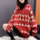 Mock-neck Mock Two-piece Argyle Sweater