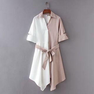 Striped Panel Short Sleeve Shirt Dress