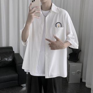 Elbow-sleeve Daisy Embroidered Shirt