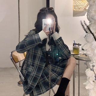 Plaid Blazer / Vest / Mini A-line Pleated Skirt